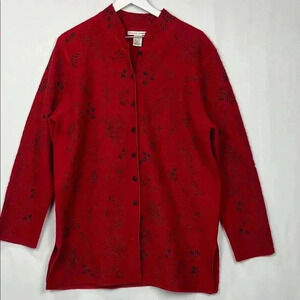 Jillian Jones Womens Tunic Red/Black XL Vintage Mid-Length Embroidery Button Up